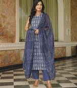 Women blue rayon blend ethnic motifs printed straight kurta trousers with dupatta