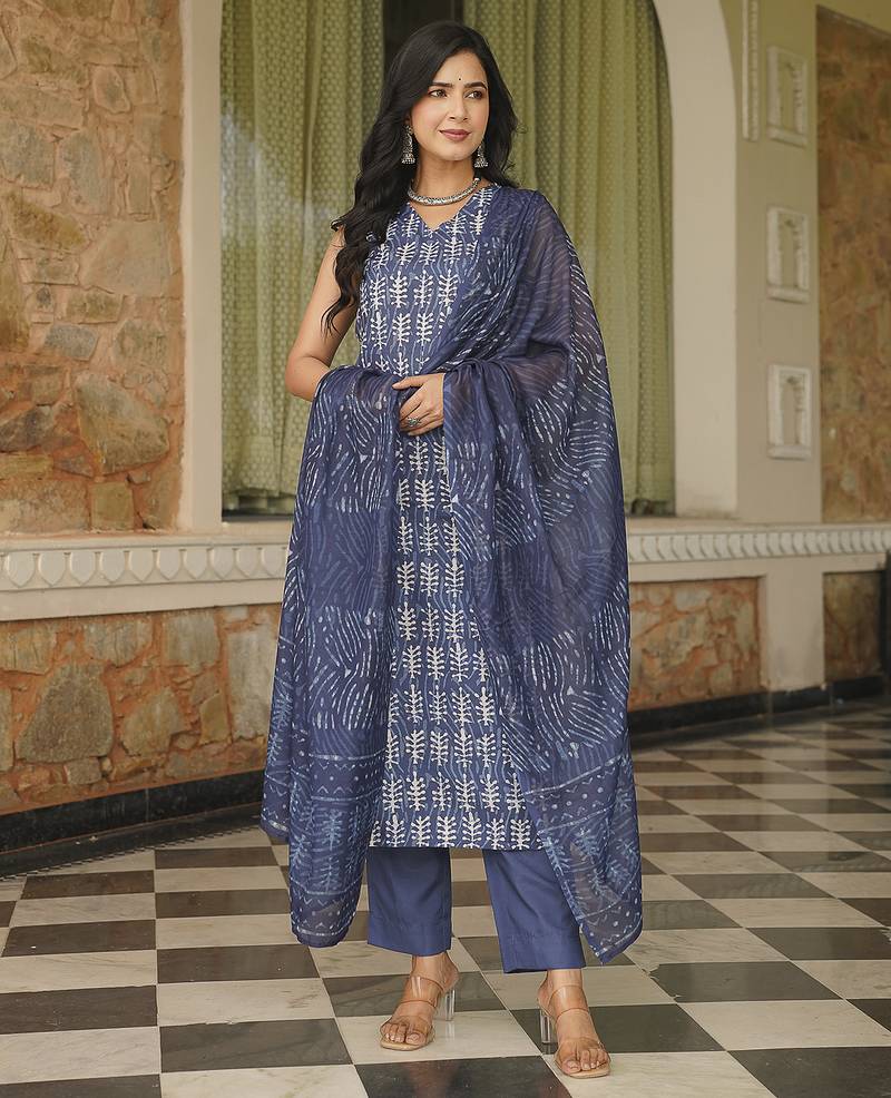 Women blue rayon blend ethnic motifs printed straight kurta trousers with dupatta