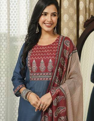 Women blue rayon blend ajrakh printed straight kurta trousers with dupatta 1