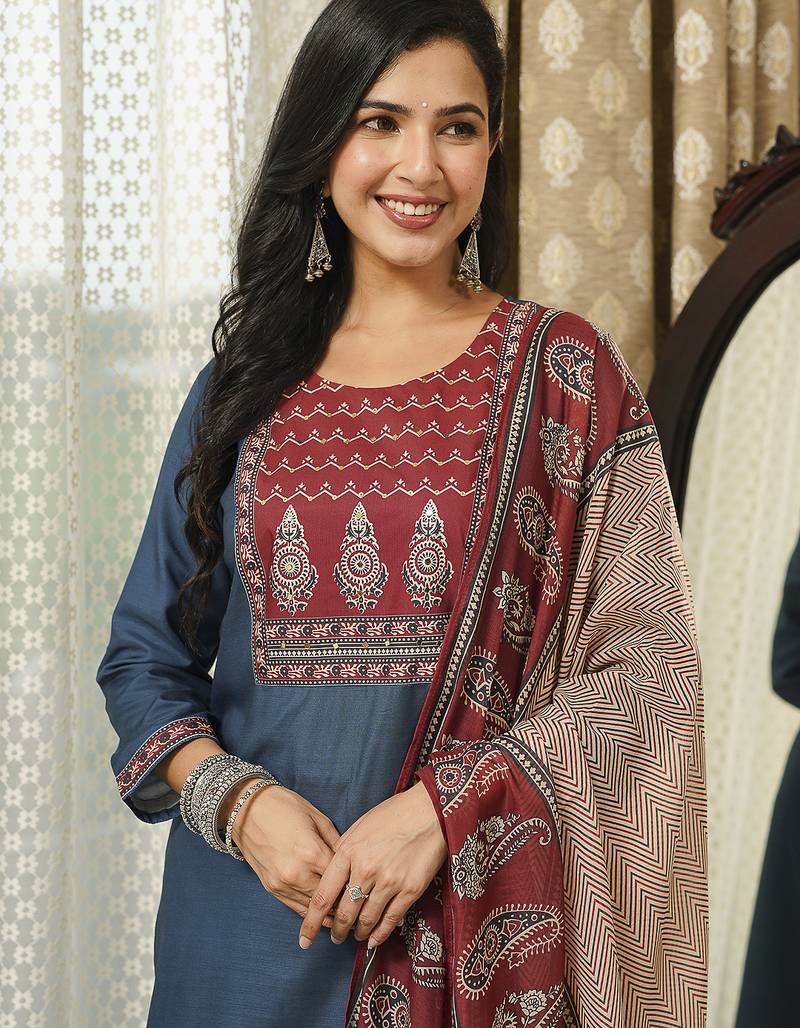 Women blue rayon blend ajrakh printed straight kurta trousers with dupatta
