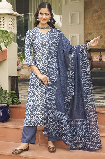 Women blue rayon blend floral printed straight kurta trousers with dupatta