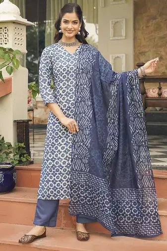 Women blue rayon blend floral printed straight kurta trousers with dupatta