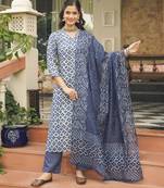 Women blue rayon blend floral printed straight kurta trousers with dupatta