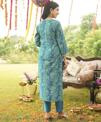 Women blue viscose rayon solid embroidered straight kurta trousers with dupatta 4