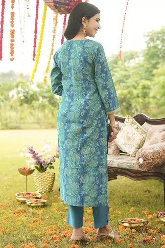 Women blue viscose rayon solid embroidered straight kurta trousers with dupatta