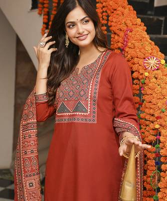Women brown rayon blend ajrakh printed straight kurta trousers with dupatta 1