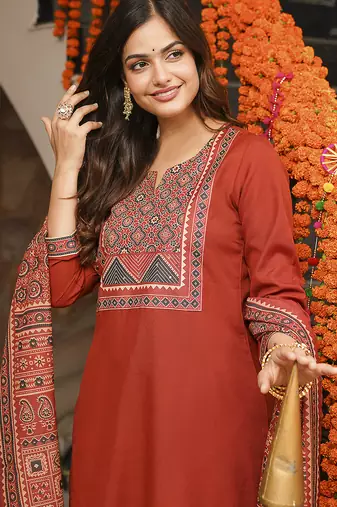 Women brown rayon blend ajrakh printed straight kurta trousers with dupatta
