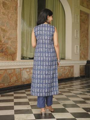 Women blue rayon blend ethnic motifs printed straight kurta trousers with dupatta 4