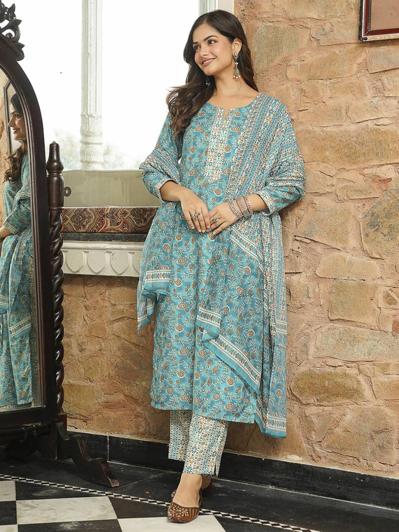 Women turquoise blue rayon blend floral printed straight kurta trousers with dupatta