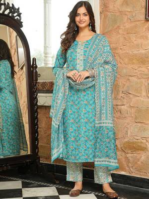 Women turquoise blue rayon blend floral printed straight kurta trousers with dupatta 1