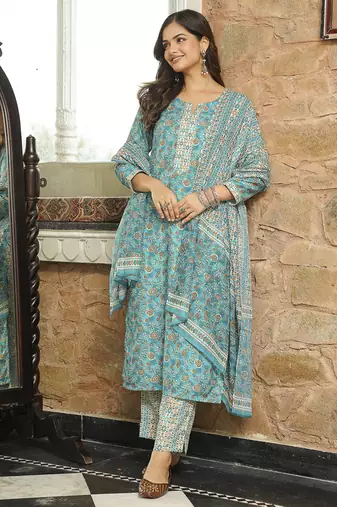 Women turquoise blue rayon blend floral printed straight kurta trousers with dupatta