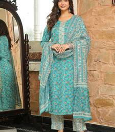 Women turquoise blue rayon blend floral printed straight kurta trousers with dupatta