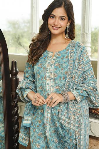 Women turquoise blue rayon blend floral printed straight kurta trousers with dupatta