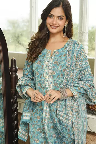 Women turquoise blue rayon blend floral printed straight kurta trousers with dupatta