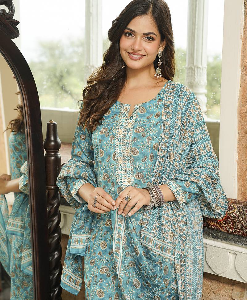 Women turquoise blue rayon blend floral printed straight kurta trousers with dupatta