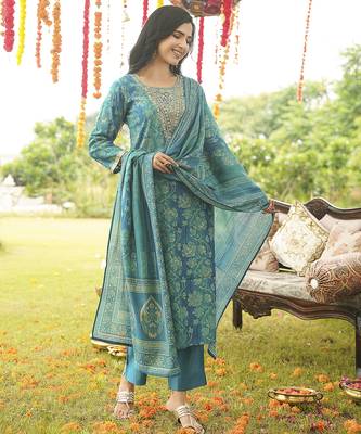 Women blue viscose rayon solid embroidered straight kurta trousers with dupatta 5