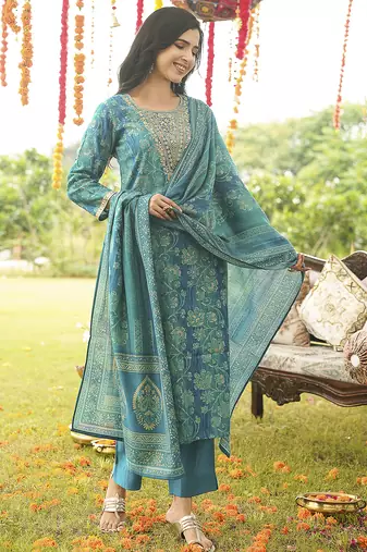 Women blue viscose rayon solid embroidered straight kurta trousers with dupatta