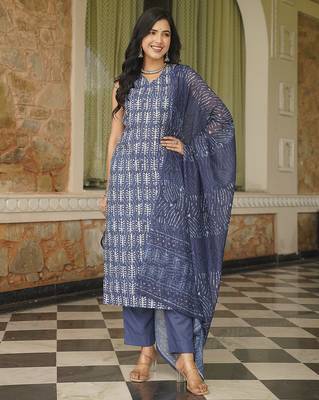 Women blue rayon blend ethnic motifs printed straight kurta trousers with dupatta 5