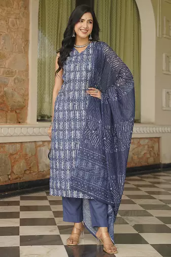 Women blue rayon blend ethnic motifs printed straight kurta trousers with dupatta