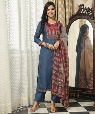 Women blue rayon blend ajrakh printed straight kurta trousers with dupatta 2