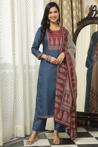 Women blue rayon blend ajrakh printed straight kurta trousers with dupatta