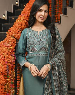 Women teal rayon blend ajrakh printed straight kurta trousers with dupatta 2
