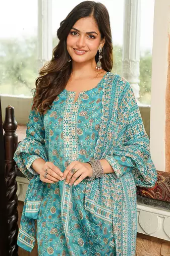 Women turquoise blue rayon blend floral printed straight kurta trousers with dupatta