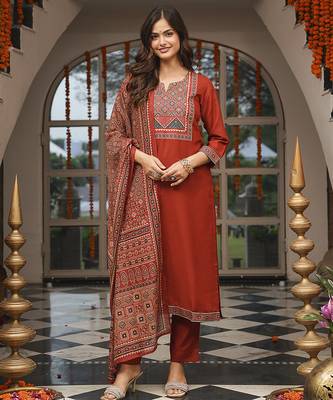 Women brown rayon blend ajrakh printed straight kurta trousers with dupatta 2