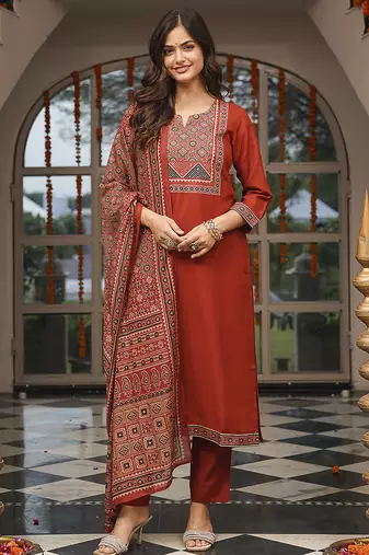 Women brown rayon blend ajrakh printed straight kurta trousers with dupatta