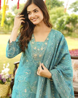 Women blue viscose rayon floral embroidered straight kurta trousers with dupatta 1