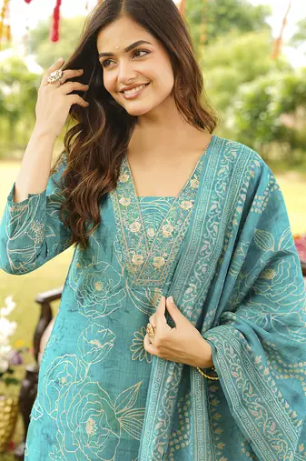 Women blue viscose rayon floral embroidered straight kurta trousers with dupatta