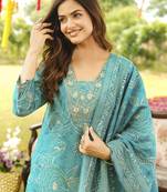 Women blue viscose rayon floral embroidered straight kurta trousers with dupatta