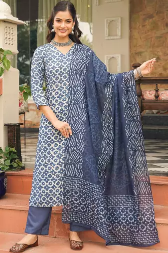 Women blue rayon blend floral printed straight kurta trousers with dupatta