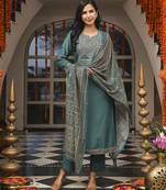 Women teal rayon blend ajrakh printed straight kurta trousers with dupatta
