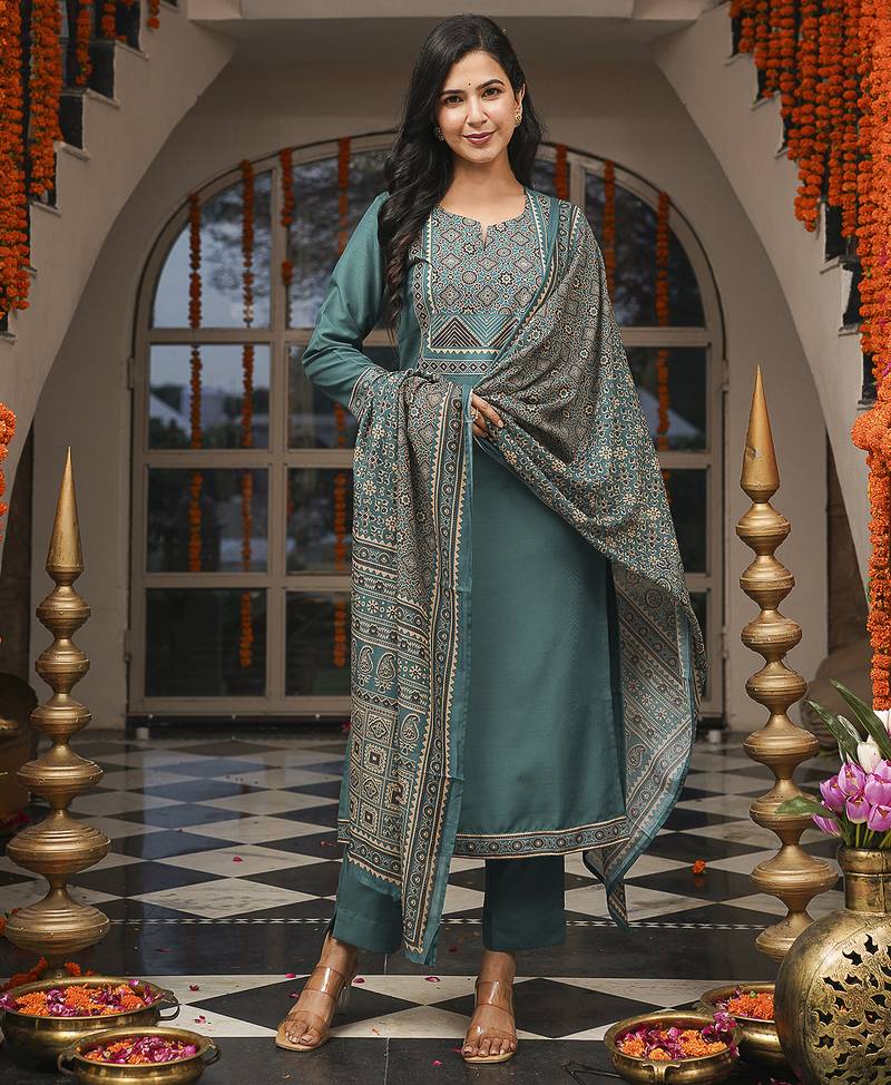 Women teal rayon blend ajrakh printed straight kurta trousers with dupatta