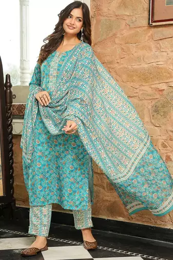 Women turquoise blue rayon blend floral printed straight kurta trousers with dupatta
