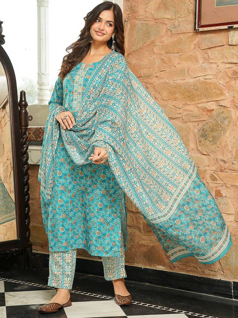 Women turquoise blue rayon blend floral printed straight kurta trousers with dupatta