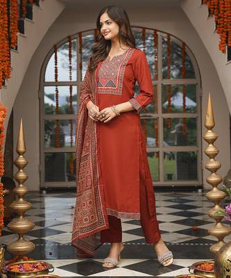 Women brown rayon blend ajrakh printed straight kurta trousers with dupatta 3