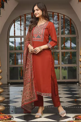 Women brown rayon blend ajrakh printed straight kurta trousers with dupatta