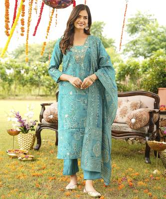 Women blue viscose rayon floral embroidered straight kurta trousers with dupatta 2
