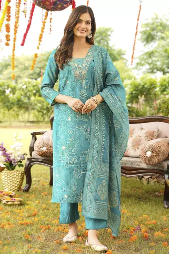 Women blue viscose rayon floral embroidered straight kurta trousers with dupatta