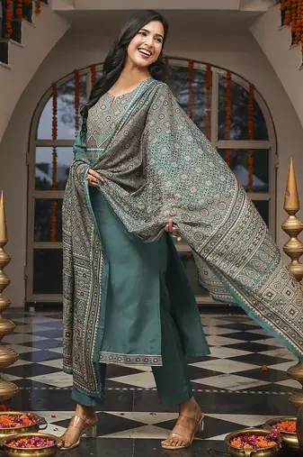 Women teal rayon blend ajrakh printed straight kurta trousers with dupatta