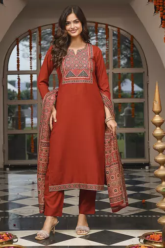 Women brown rayon blend ajrakh printed straight kurta trousers with dupatta