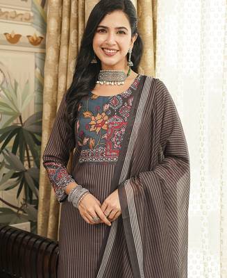 Women brown rayon blend ethnic motifs printed straight kurta trousers with dupatta 2