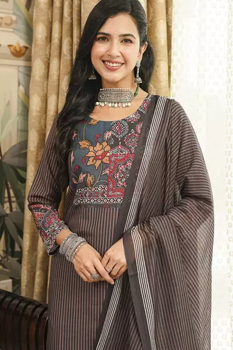 Women brown rayon blend ethnic motifs printed straight kurta trousers with dupatta