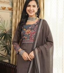 Women brown rayon blend ethnic motifs printed straight kurta trousers with dupatta