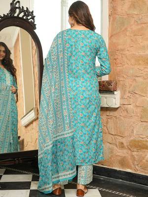 Women turquoise blue rayon blend floral printed straight kurta trousers with dupatta 4