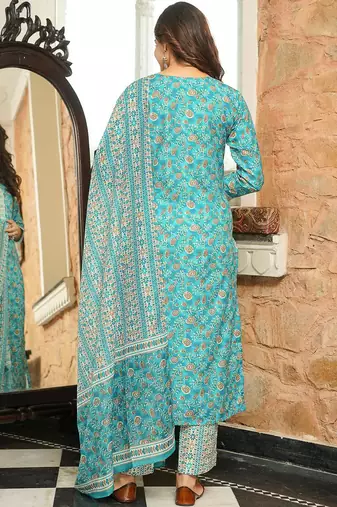 Women turquoise blue rayon blend floral printed straight kurta trousers with dupatta