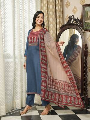 Women blue rayon blend ajrakh printed straight kurta trousers with dupatta 3