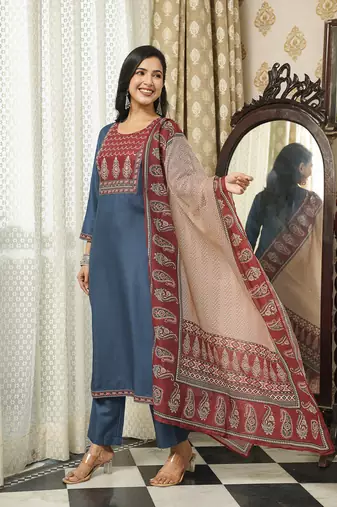 Women blue rayon blend ajrakh printed straight kurta trousers with dupatta